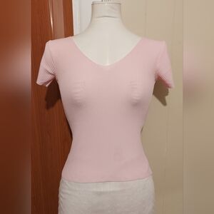 Ribbed Knit Short Sleeve pink basic women top S
